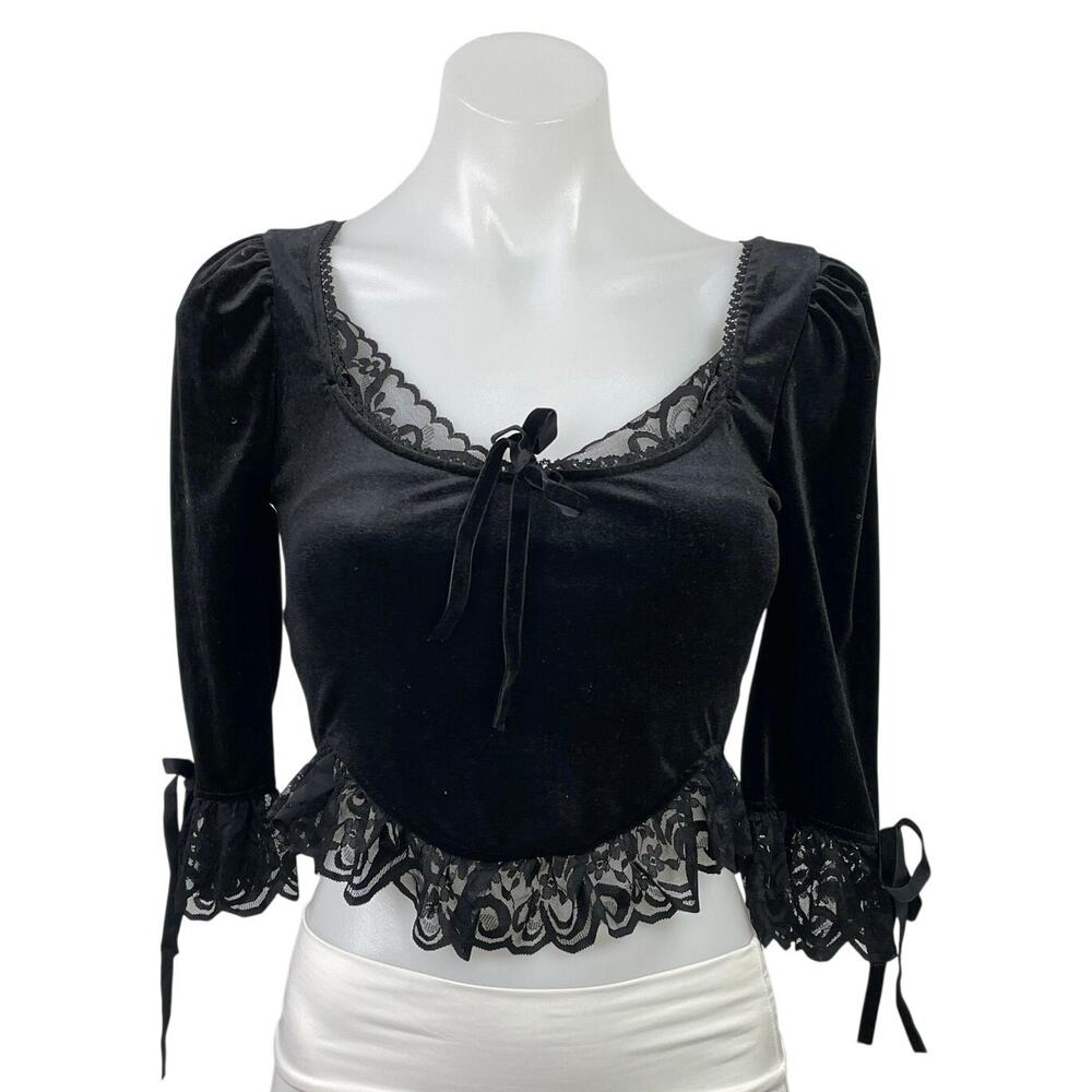 Dolls Kill Widow Black Velvet Velour Lace Sheer 3/4 Sleeve Crop Blouse Top XXS